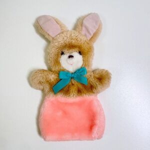 Vintage 1970's Animal Fair Taiwan Plush Bunny Rabbit Hand Puppet Pink Bow 9"